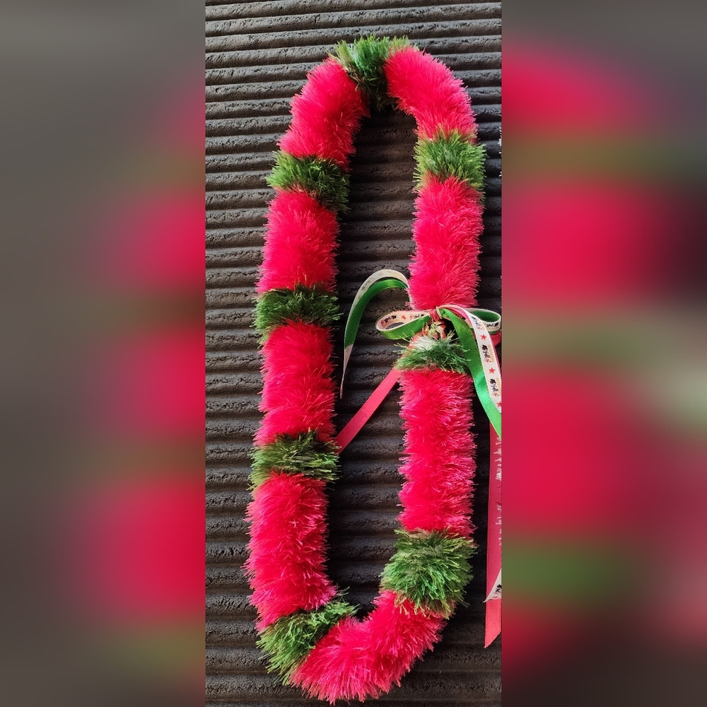 Thick Pink & Green Festive Eye Lash Yarn Lei.